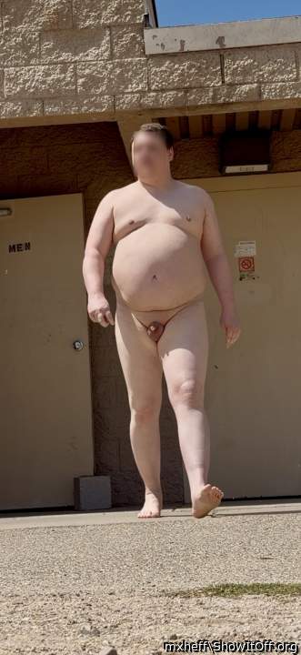Venturing outside public restroom butt naked