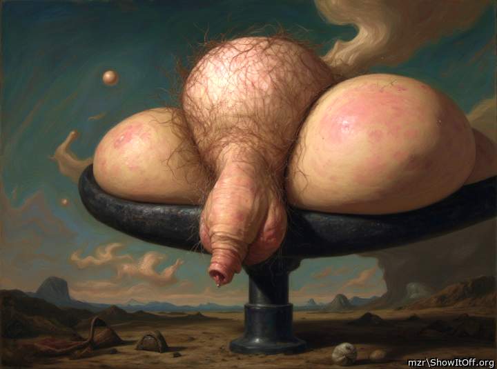 A thick, long, flaccid, uncut foreskin, cock hangs from the edge of the vase.Art