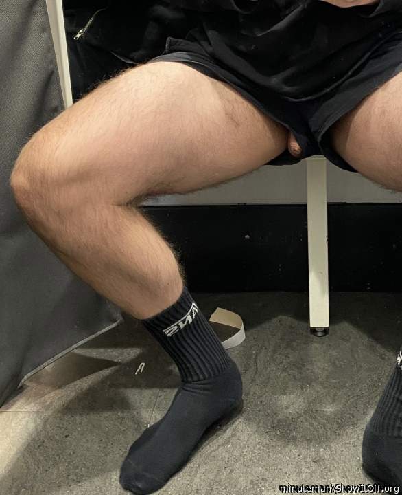 My buddy�s little dicklet barely poking out of his shorts in a changing room