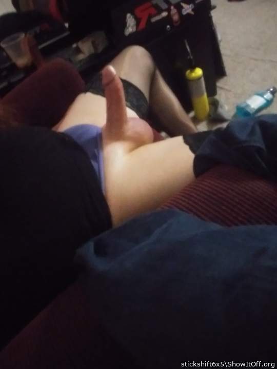 Those purple panties go great with that beautiful cock!