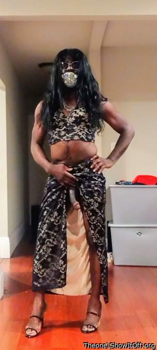 In a formal dress showing dick